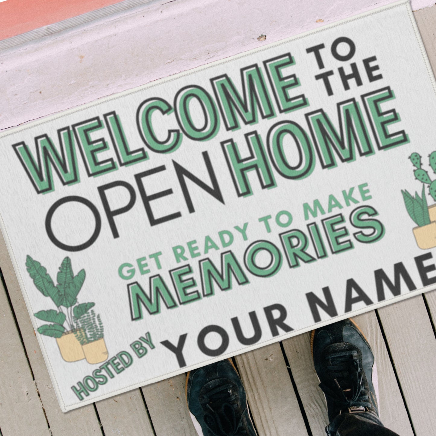 white, green house plants welcome mat