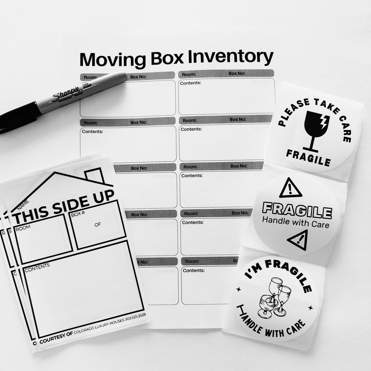 top view agent personalized moving box stickers, fragile stickers, moving box inventory page