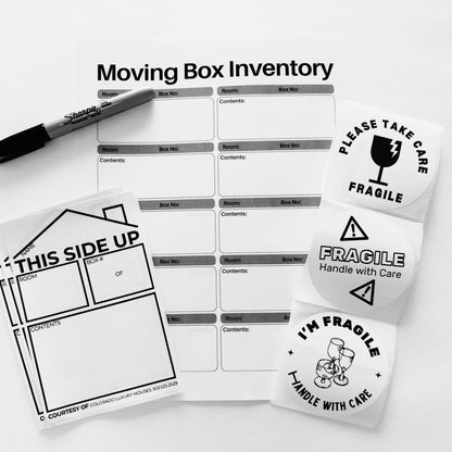 top view agent personalized moving box stickers, fragile stickers, moving box inventory page