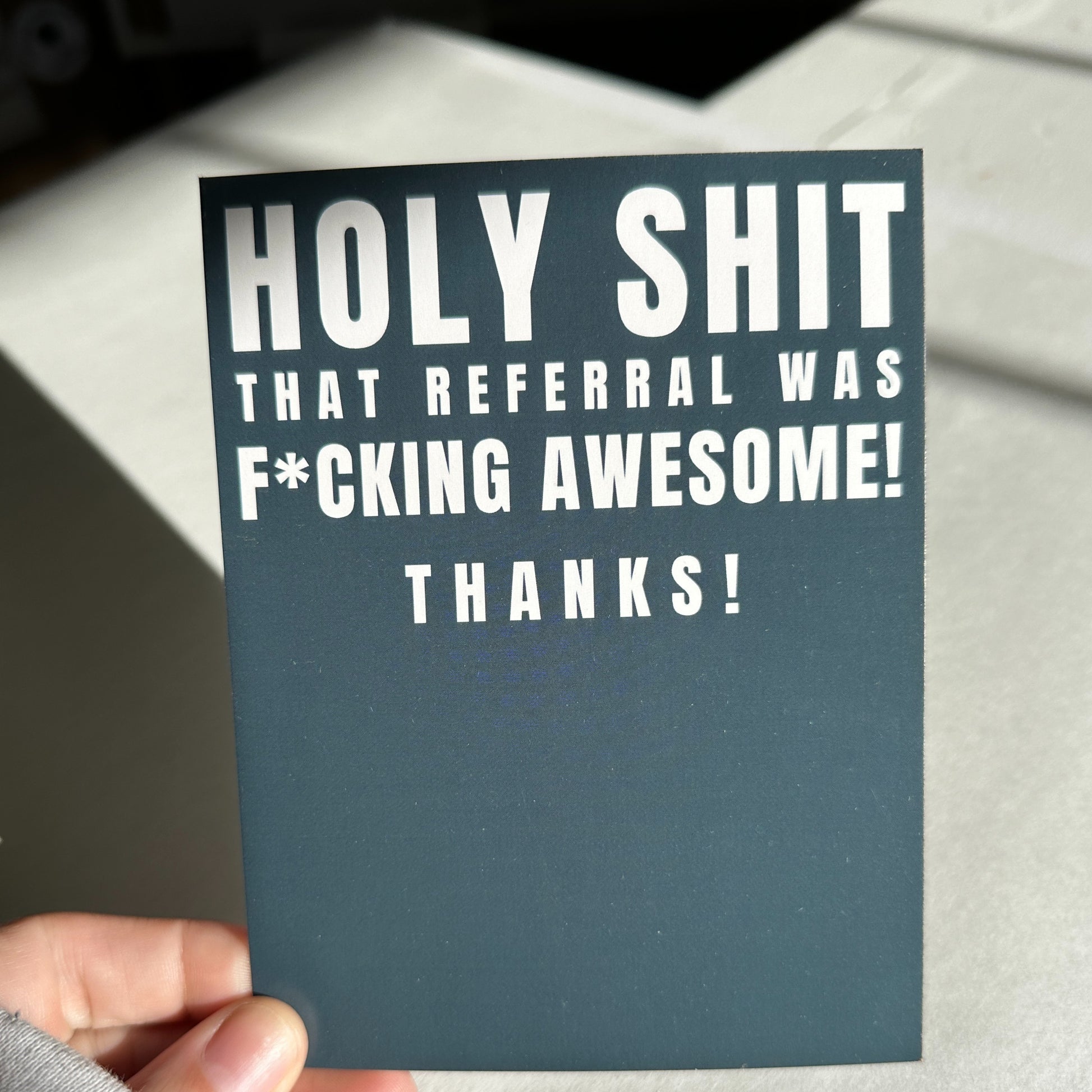 blue and white fucking awesome referral thank you card