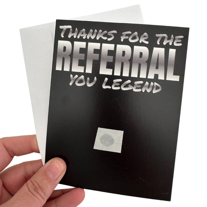 referral card with glue dot and envelope