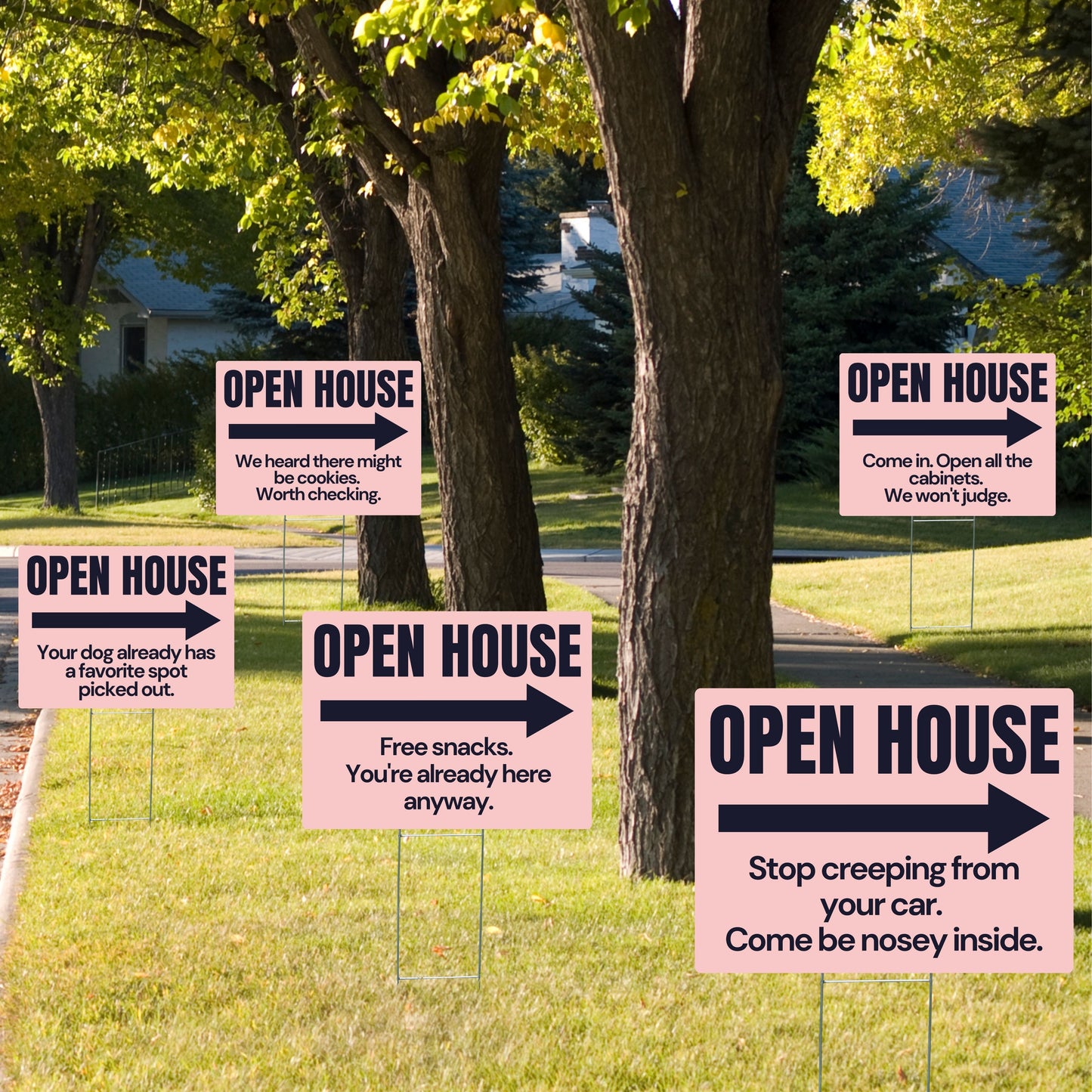 Open house signs in a grassy area with trees