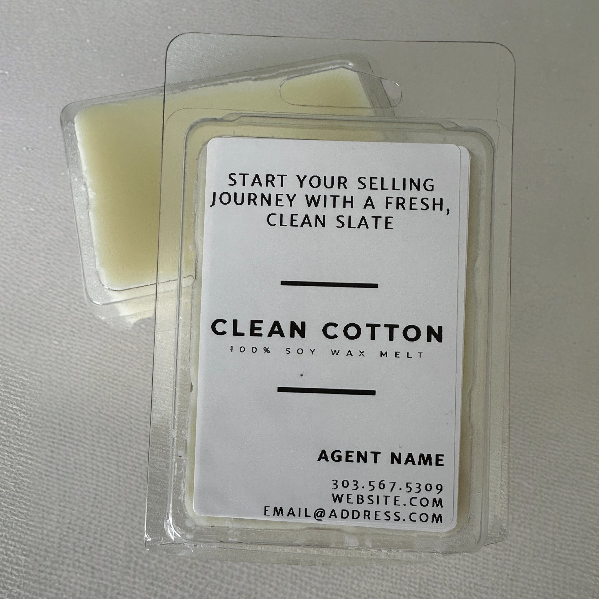 top view personalized real estate name clean cotton soy wax melt