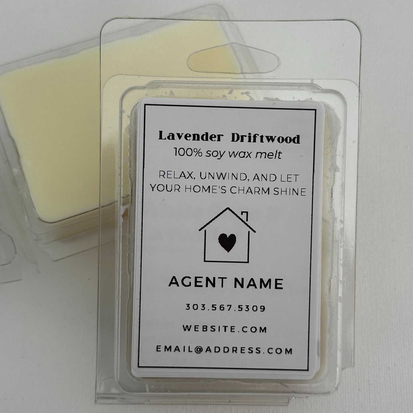 lavender driftwood soy wax melts personalized with real estate agent's name