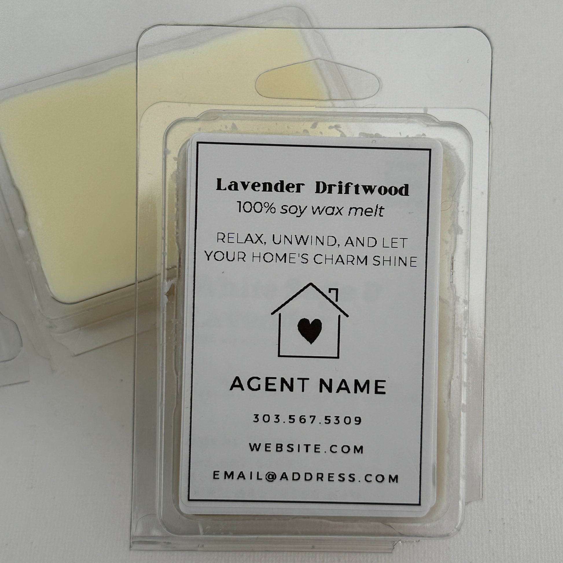 lavender driftwood soy wax melts personalized with real estate agent's name