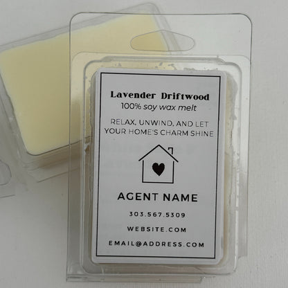 lavender driftwood soy wax melts personalized with real estate agent's name