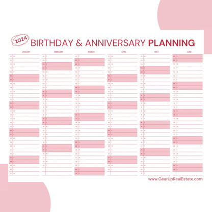 Birthday and Anniversary Planning Calendar- Instant Download