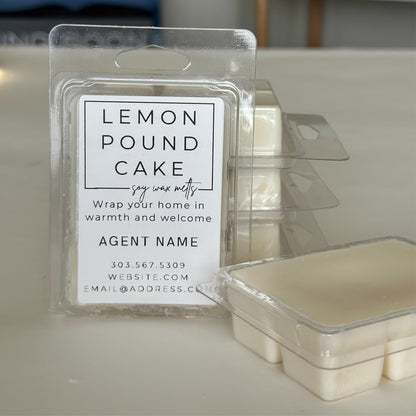 lemon pound cake soy wax melt branded with real estate agents name