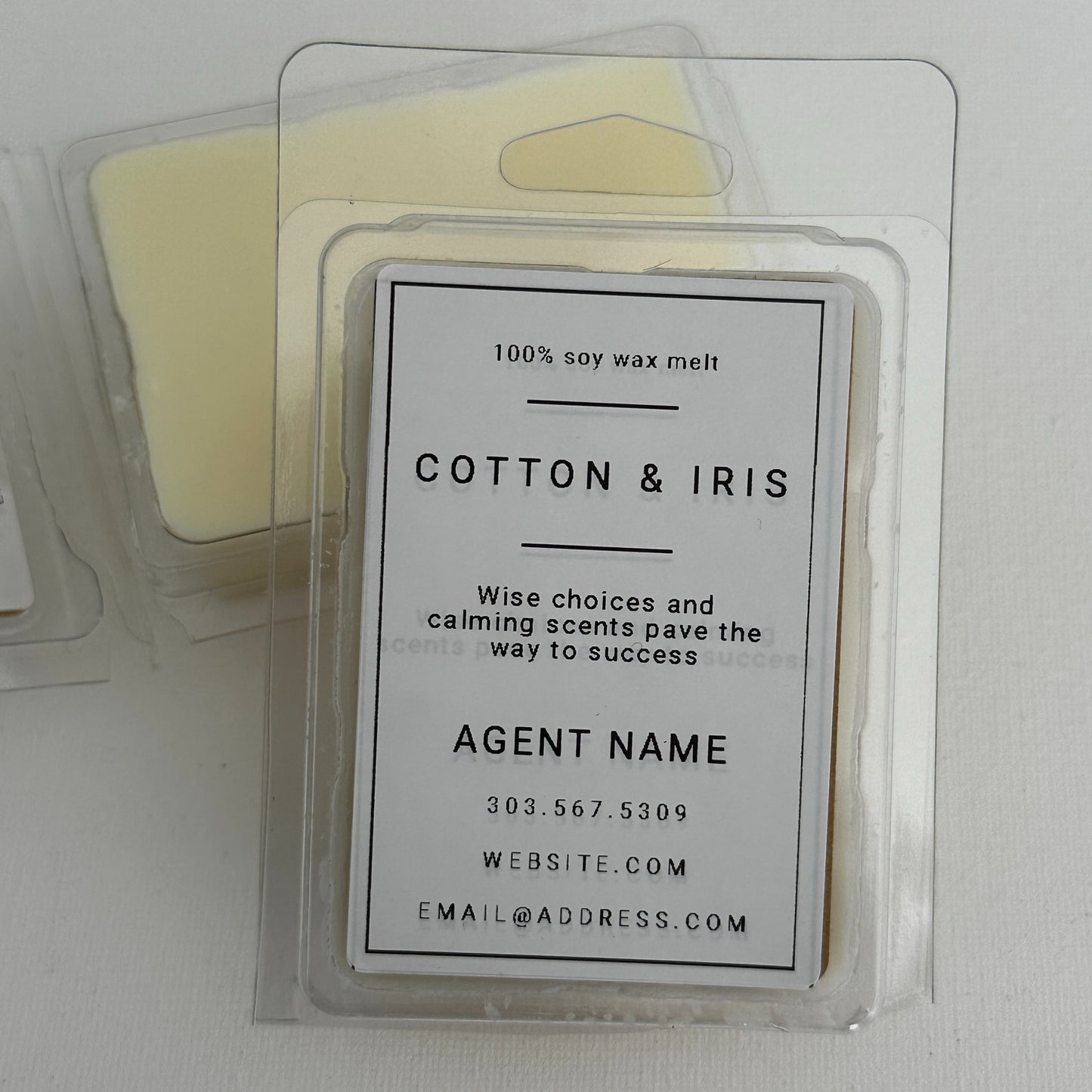 top view Cotton and Iris soy wax melts personalized with real estate agent's name