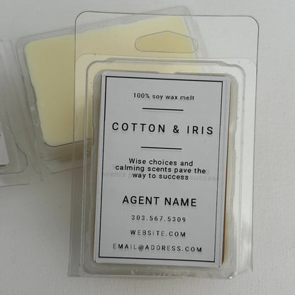 top view Cotton and Iris soy wax melts personalized with real estate agent's name