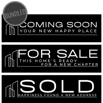 Three black real estate signs with white text and graphics indicating 'Coming Soon', 'For Sale', and 'Sold' respectively, with a 'Bundled' icon on the top left corner.