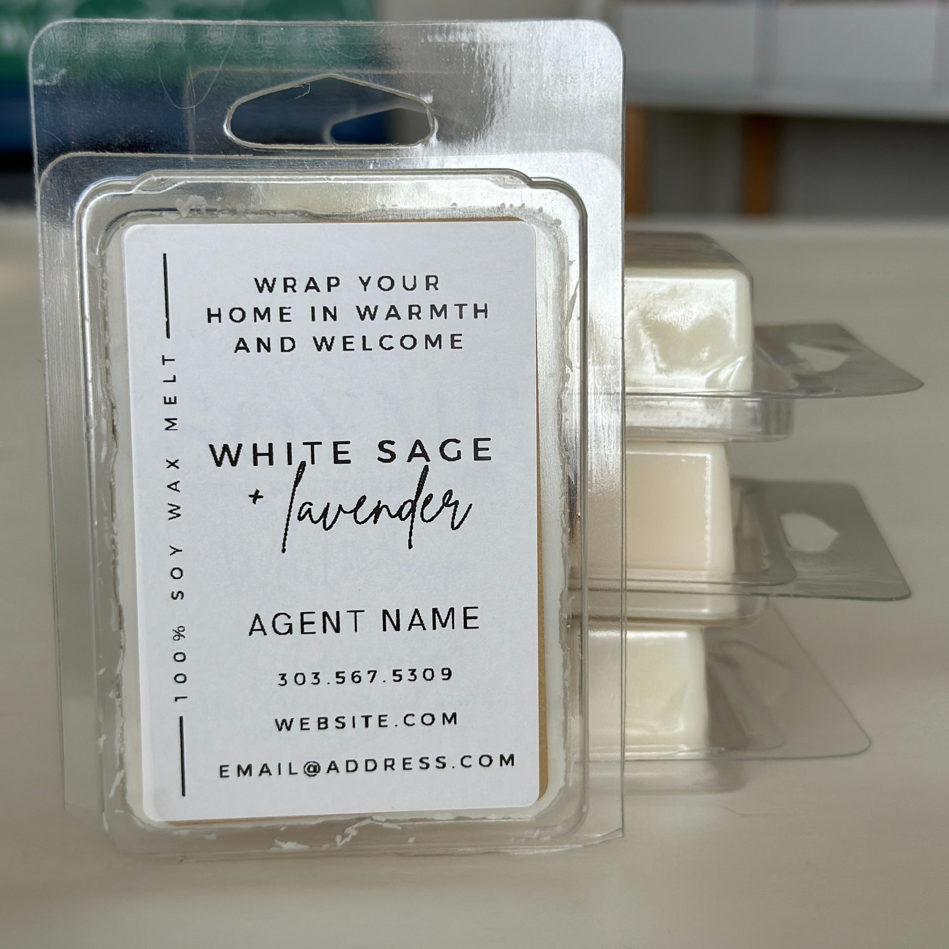 close up personalized white sage and lavender soy wax melt personalized with contact info