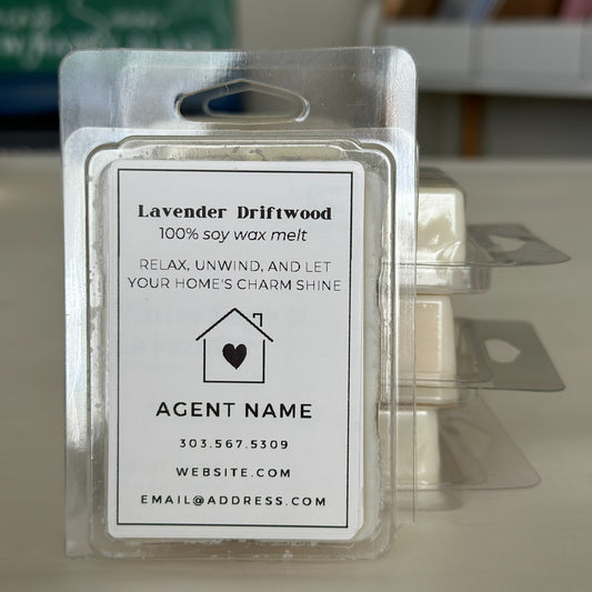 close up lavender driftwood soy wax melts personalized with real estate agent's name