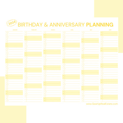 Birthday and Anniversary Planning Calendar- Instant Download