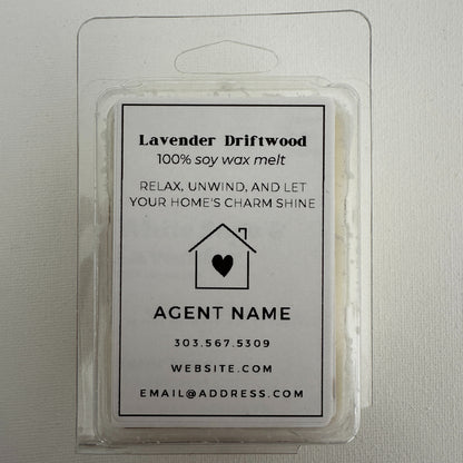 top view lavender driftwood soy wax melts personalized with real estate agent's name