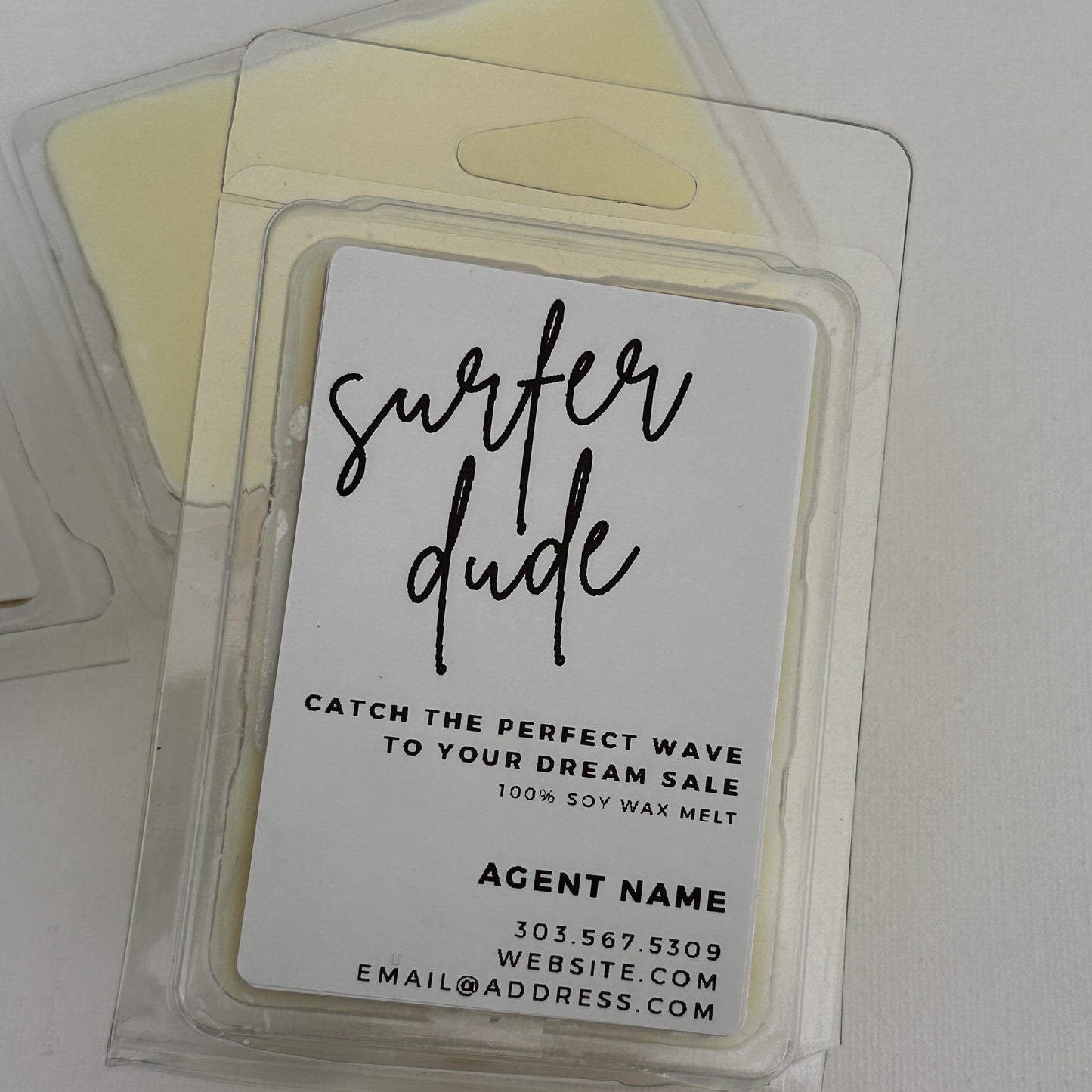 surfer dude soy wax melt branded with real estate agents name