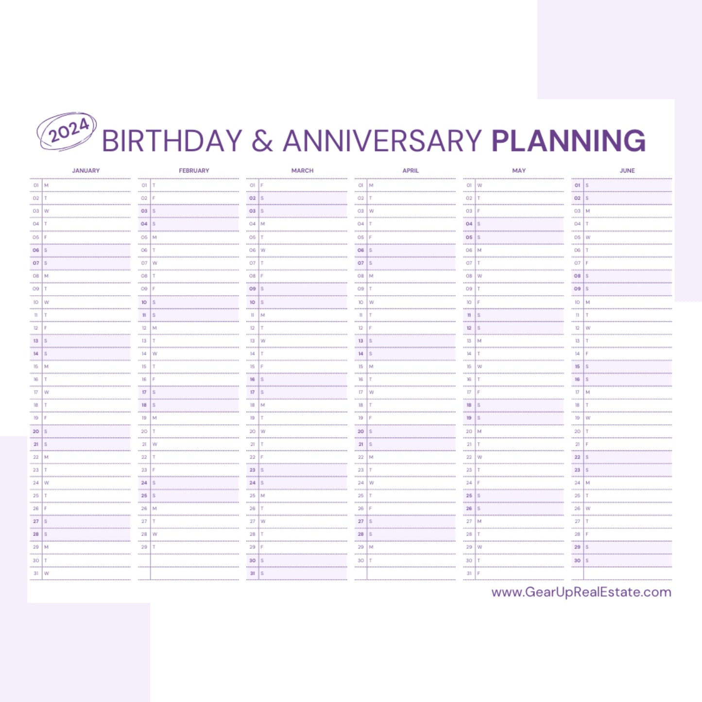 Birthday and Anniversary Planning Calendar- Instant Download