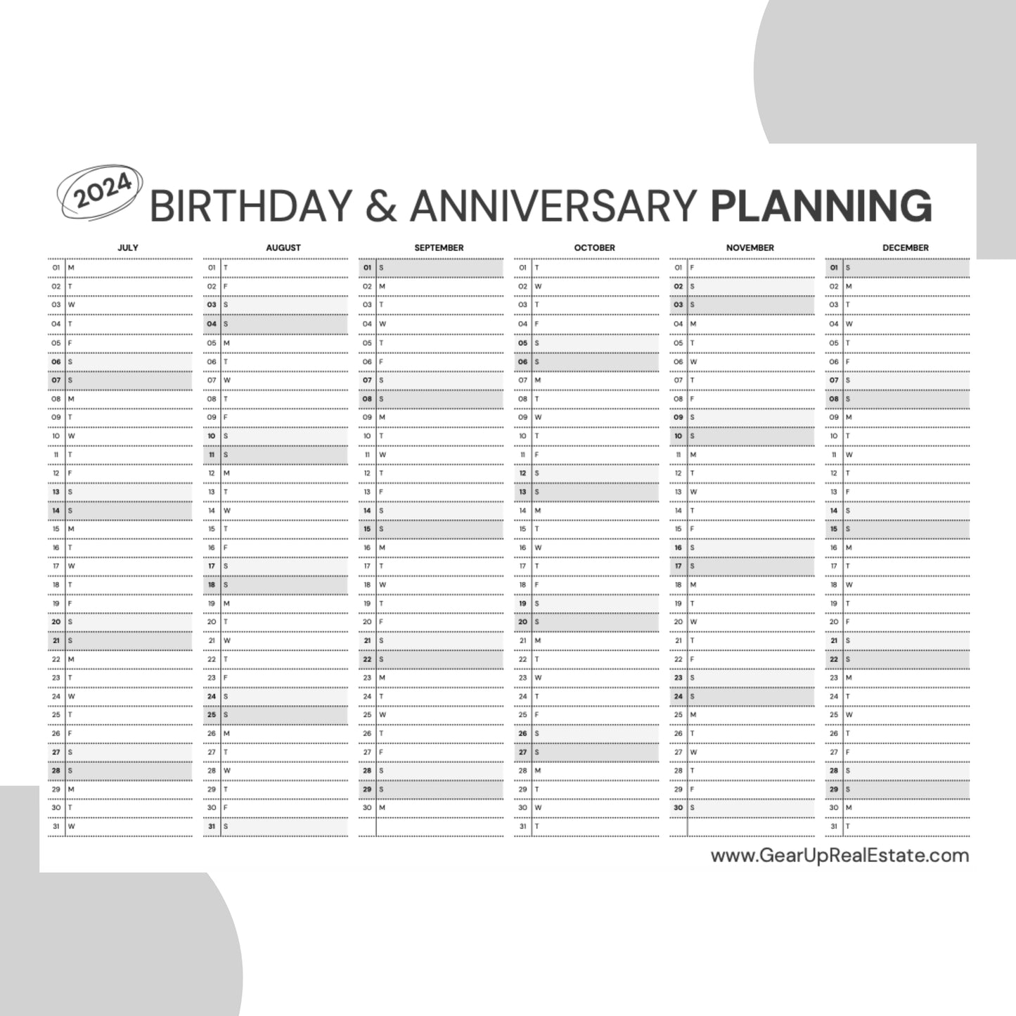 Birthday and Anniversary Planning Calendar- Instant Download