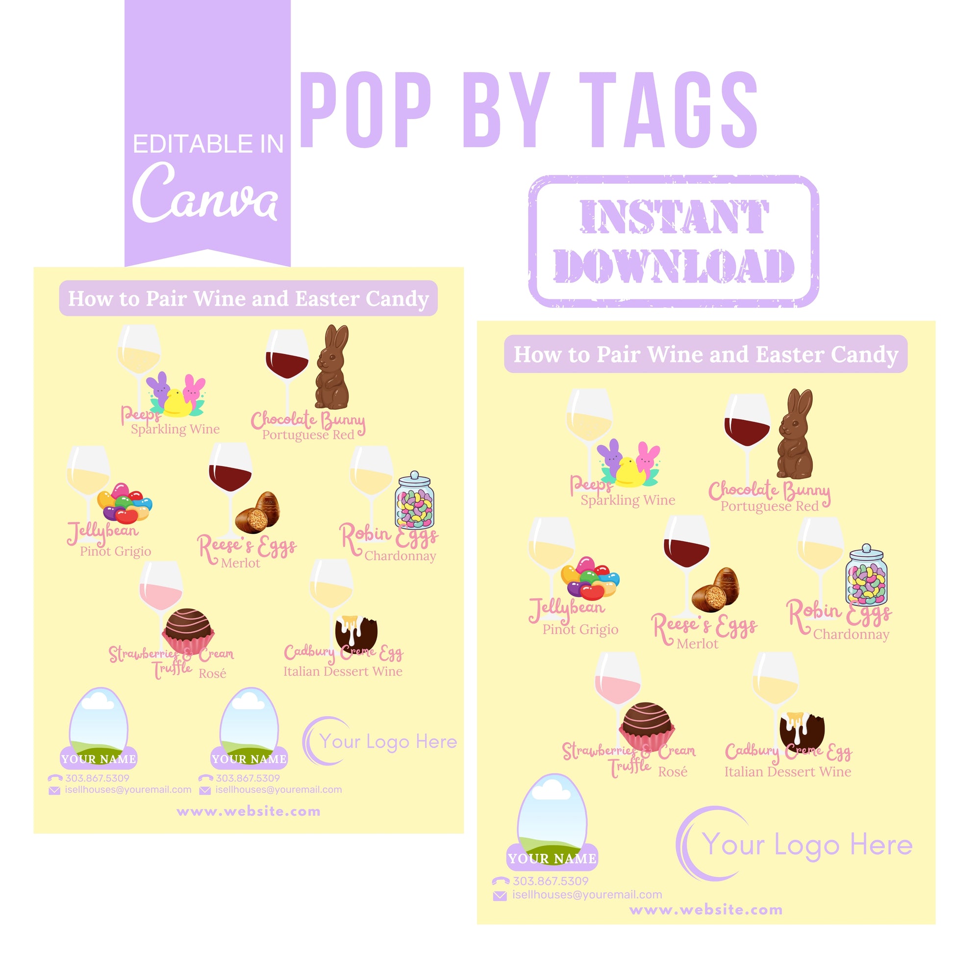 Two identical product images with Easter-themed wine and candy pairings on a yellow background, featuring text about Canva editing and instant download.