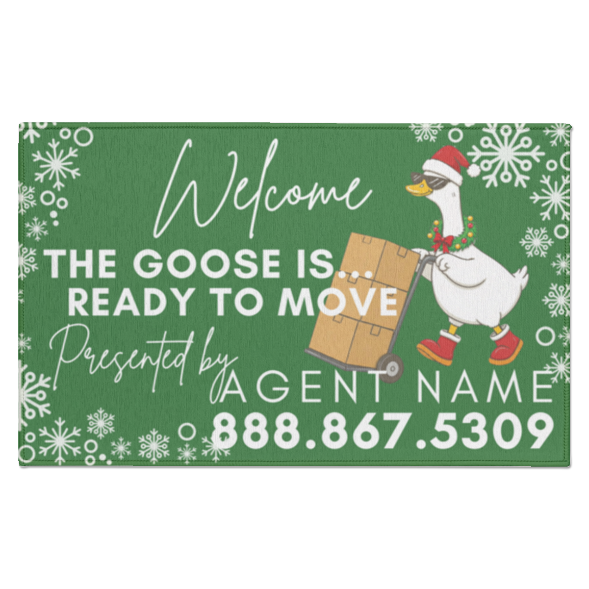 Moving front door goose holiday real estate welcome mat