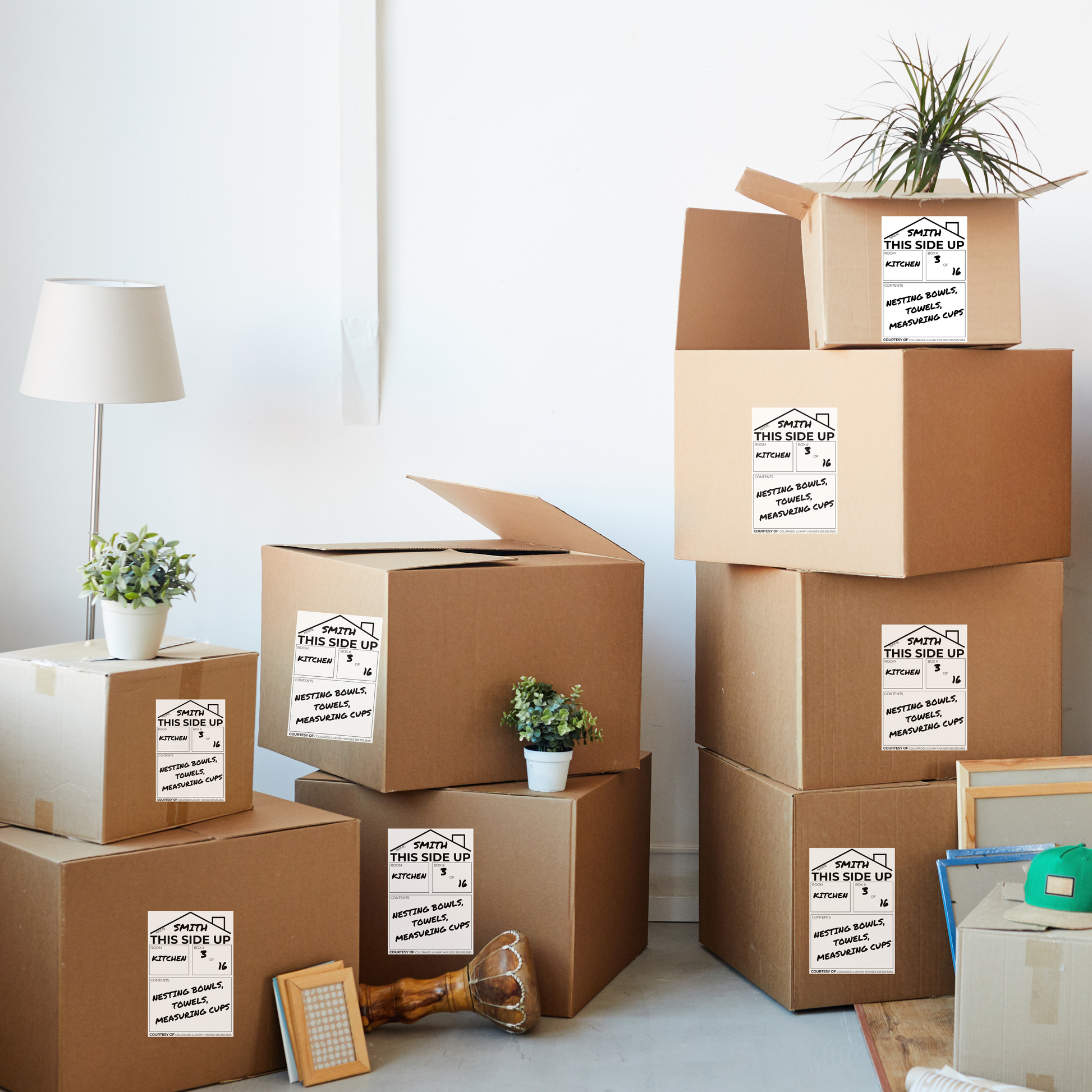 boxes stacked with packing labels for moving on each box