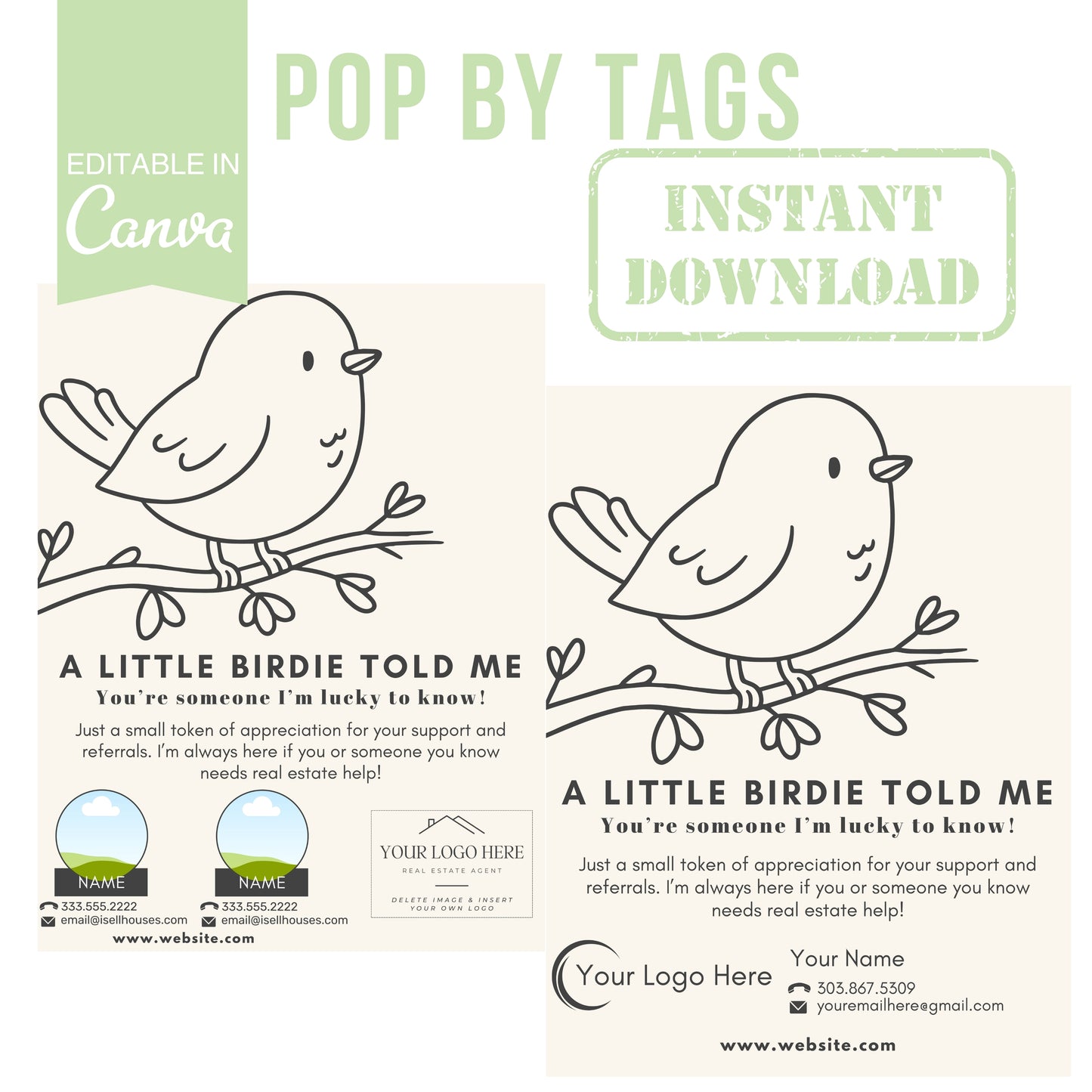Design template with birds on branches and text for real estate services, editable in Canva.