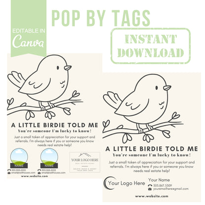 Design template with birds on branches and text for real estate services, editable in Canva.