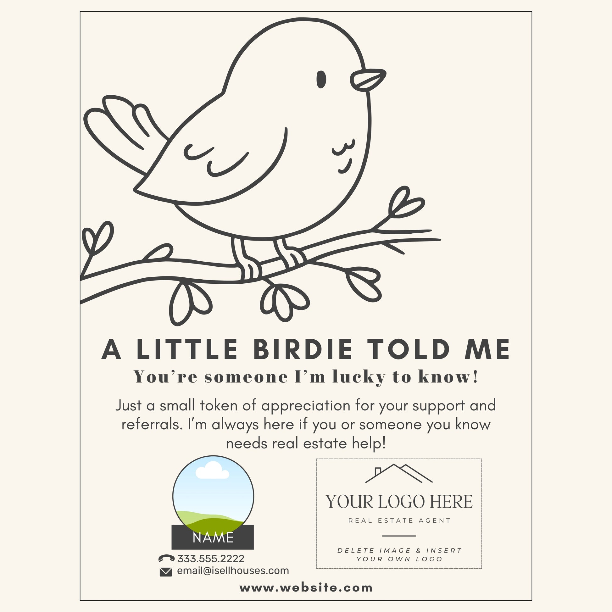 Real estate agent pop by tag with a cartoon bird on a branch and contact information.