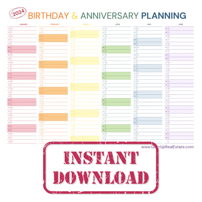 Birthday and Anniversary Planning Calendar- Instant Download