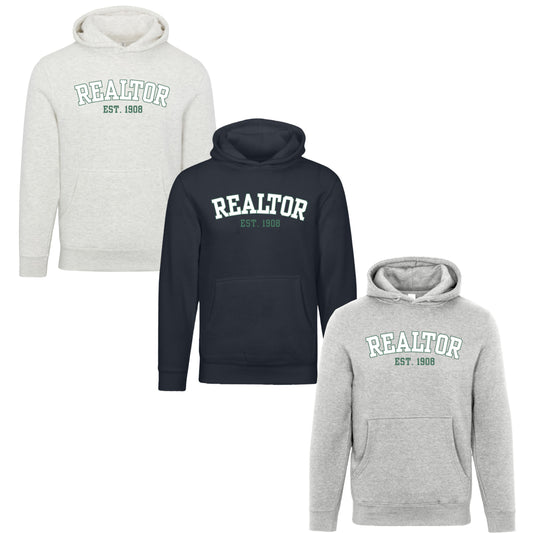 Navy, oatmeal, gray hoodie, realtor clothing, collegiate style