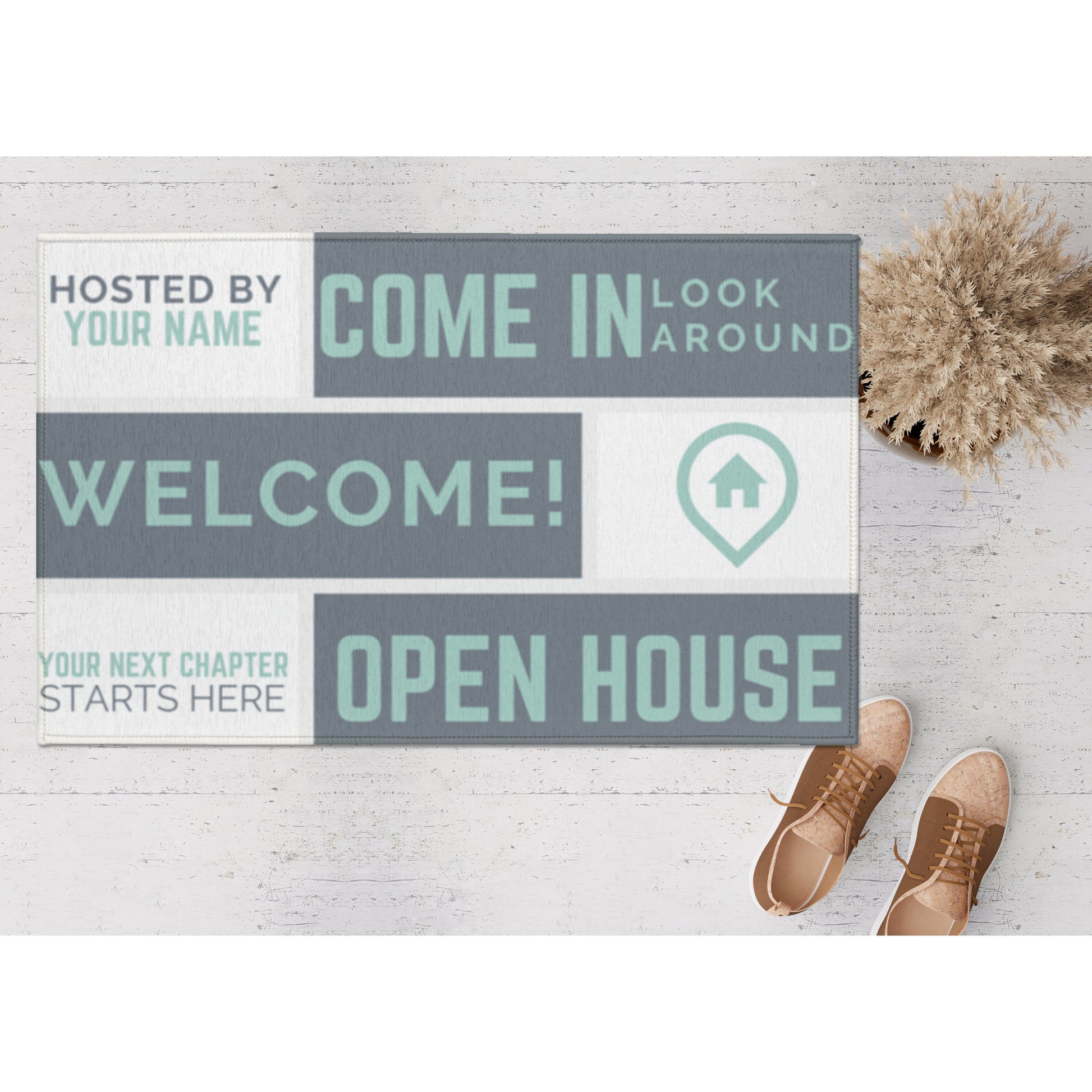 white blue green open house welcome mat