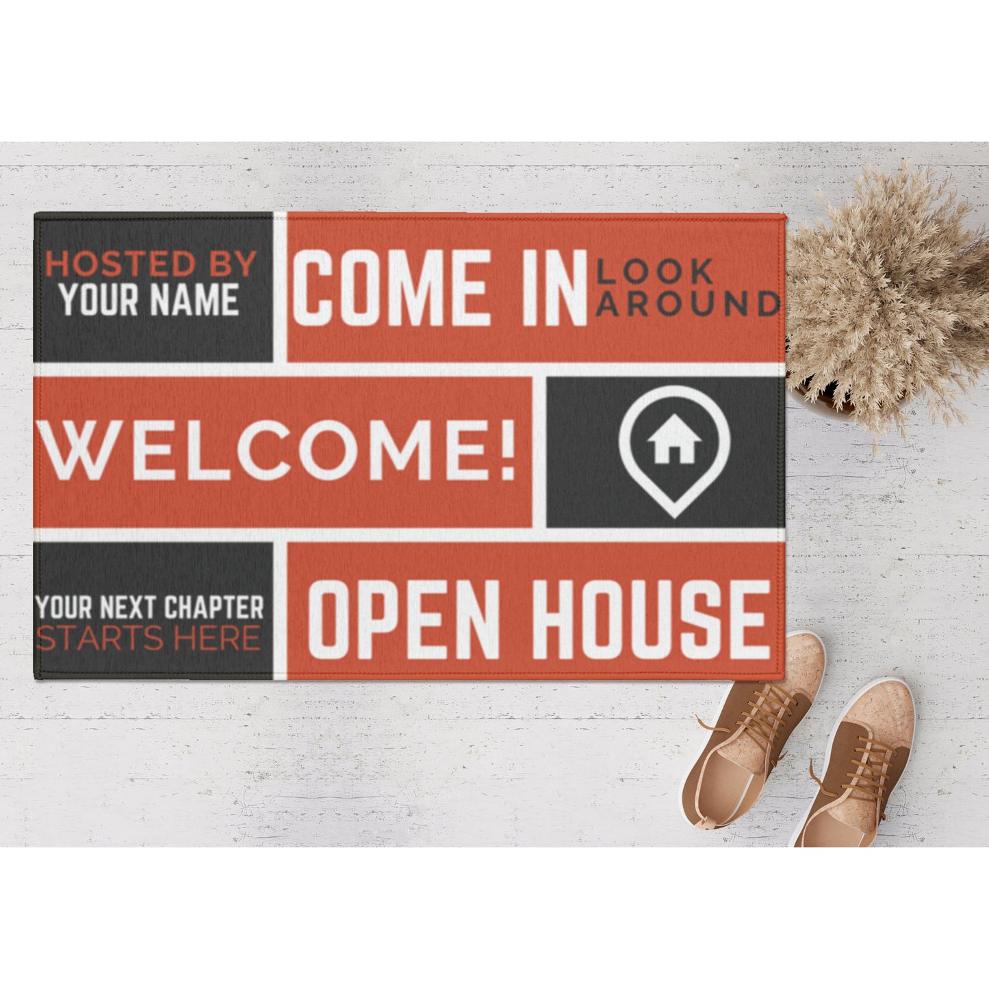 black, red, white welcome mat