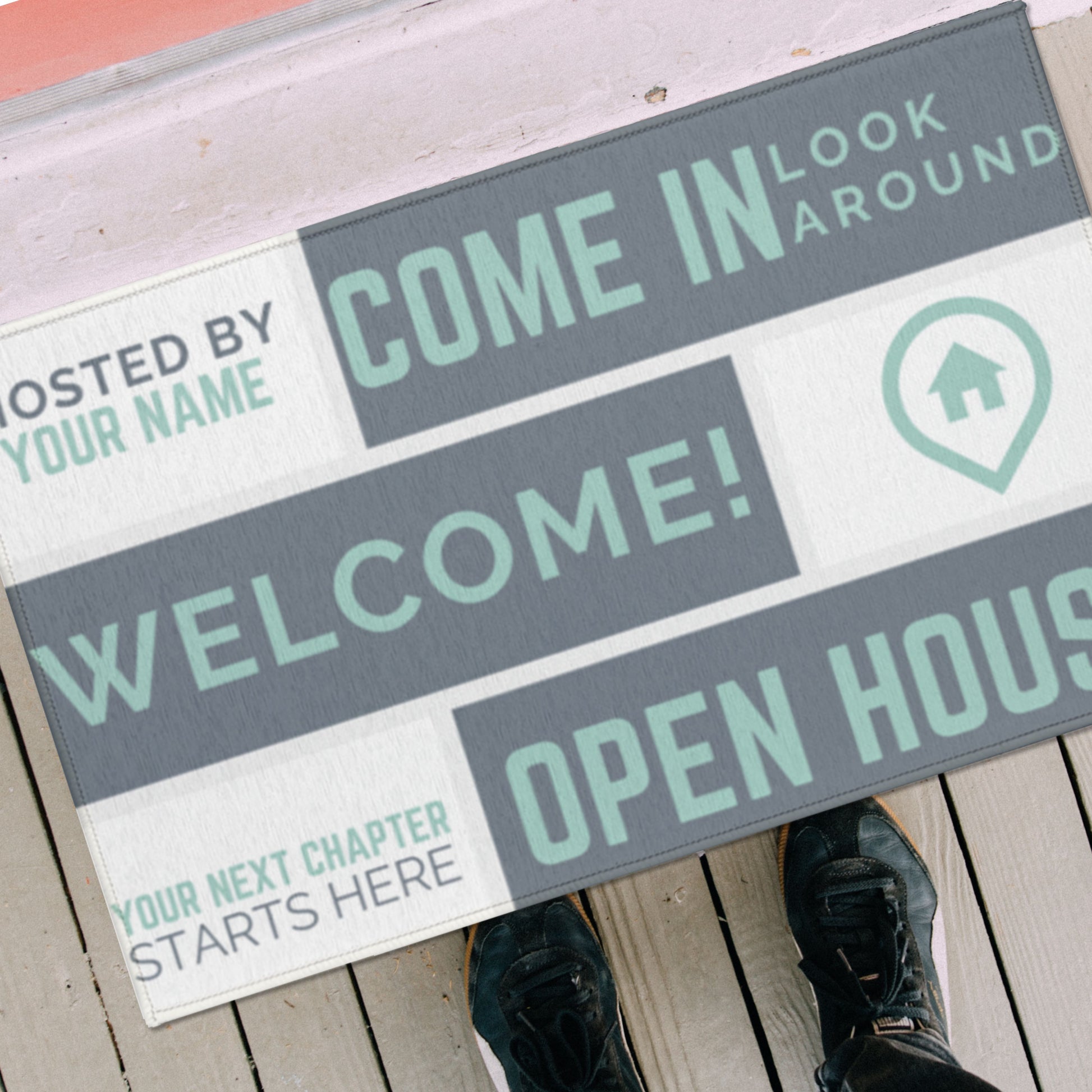 white, green, teal open house welcome mat