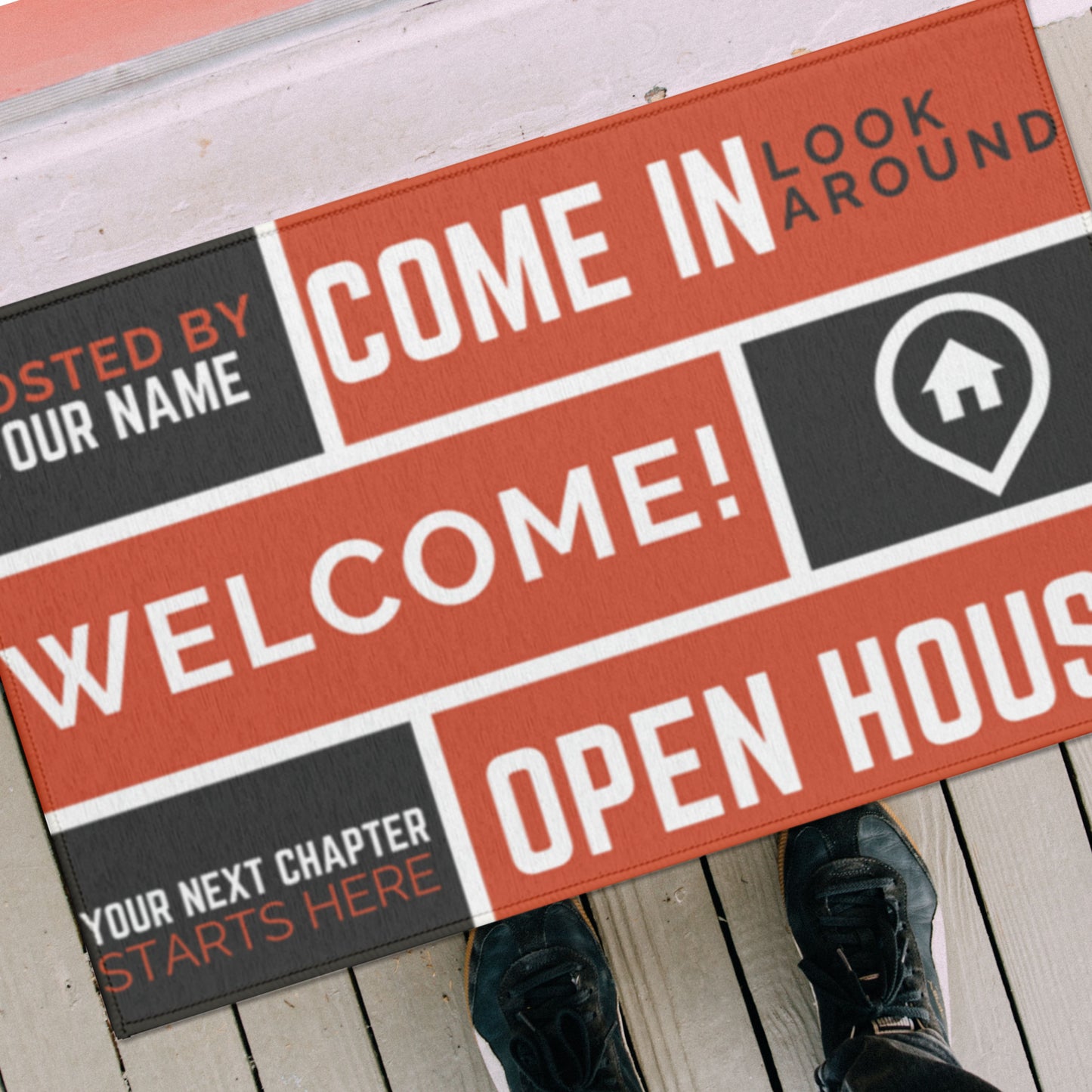 red, black, white open house welcome mat agent personalization