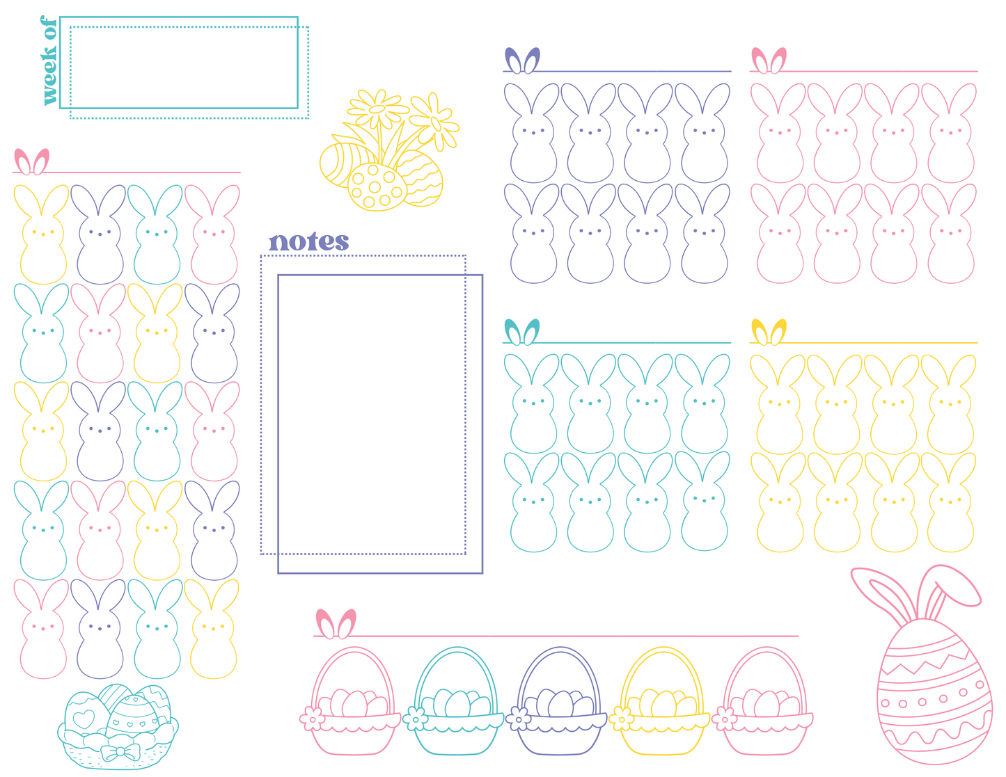 Colorful Easter-themed peep planner stickers with bunnies, eggs, and notes section on a white background.