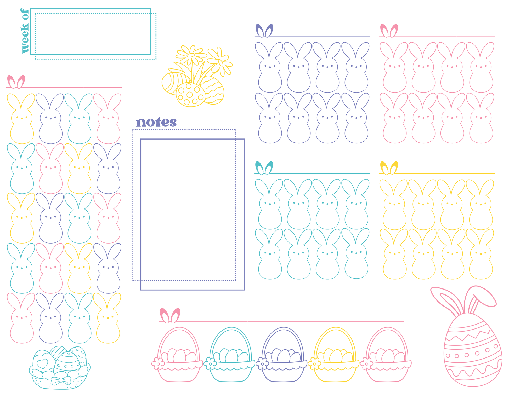 Colorful Easter-themed peep planner stickers with bunnies, eggs, and notes section on a white background.