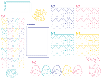 Colorful Easter-themed peep planner stickers with bunnies, eggs, and notes section on a white background.