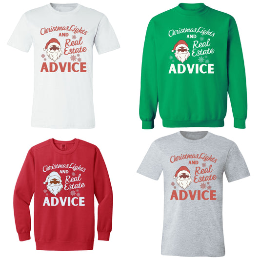 Red, green, gray shirt, black Santa, real estate clothing