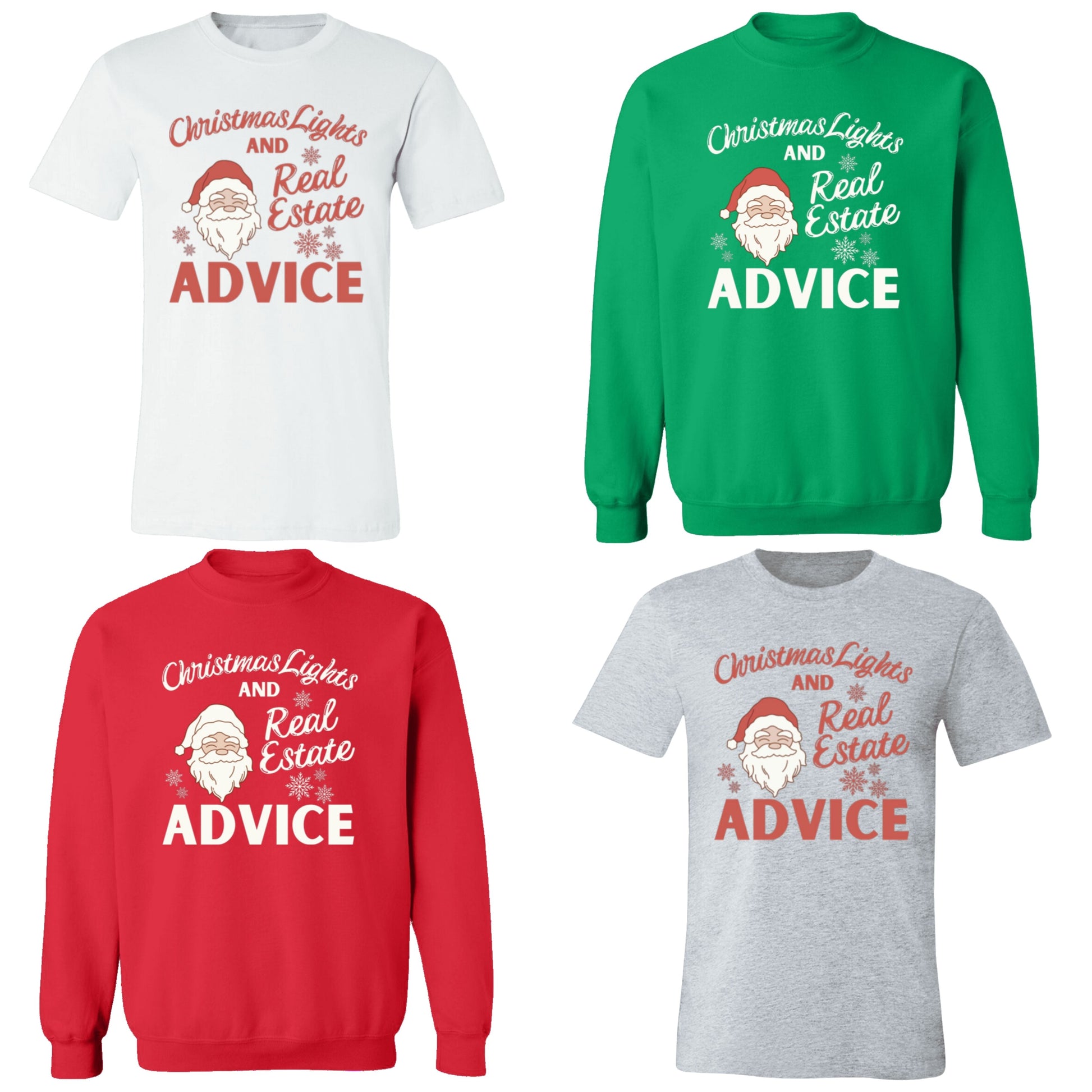 Red, green, gray shirt, white Santa, real estate clothing