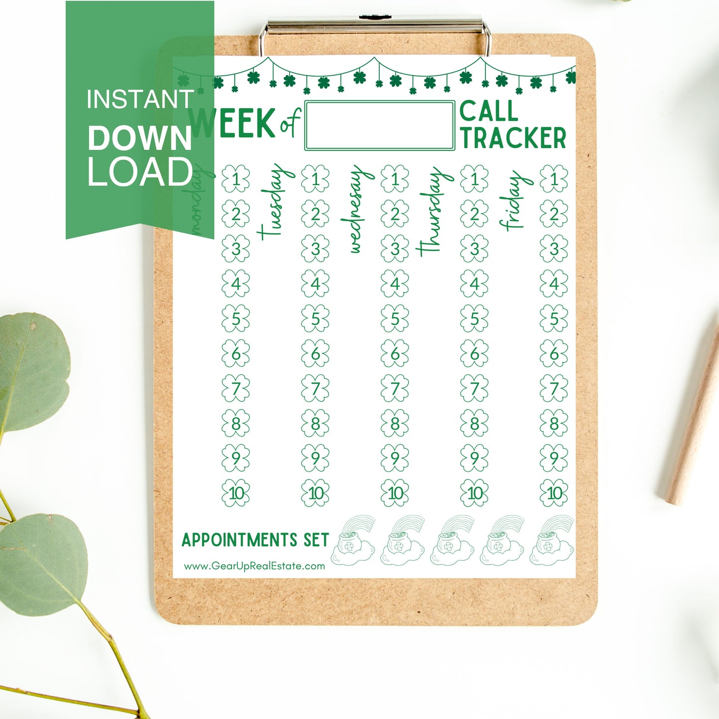 Luck of the Irish Weekly Call Tracker- Instant Download