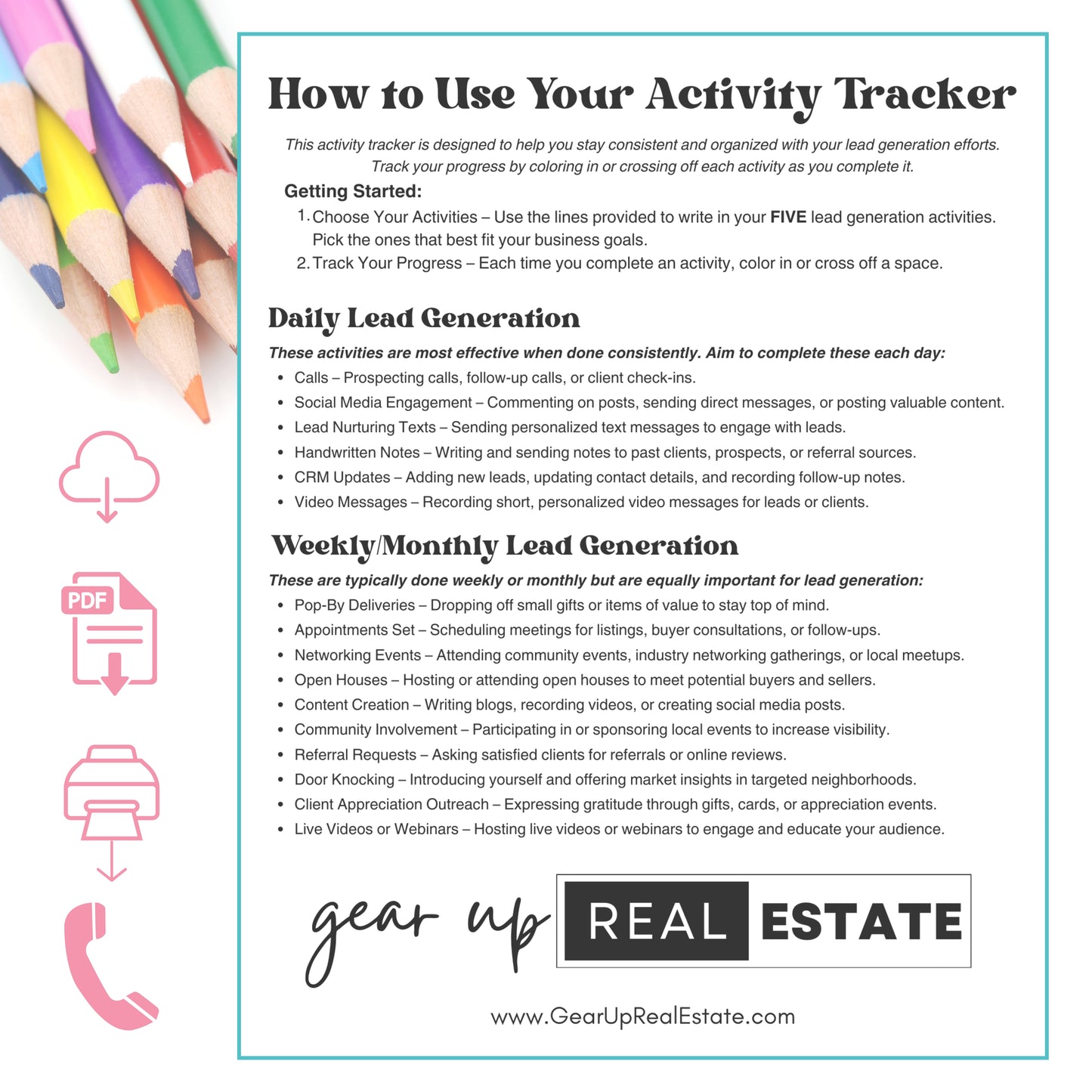 Instructions on how to use an activity tracker for lead generation with colorful pencils on a white background.