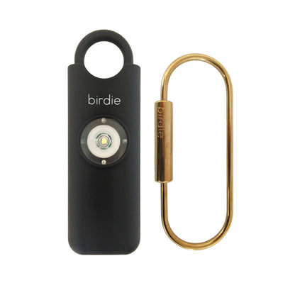 black birdie alarm with gold keychain