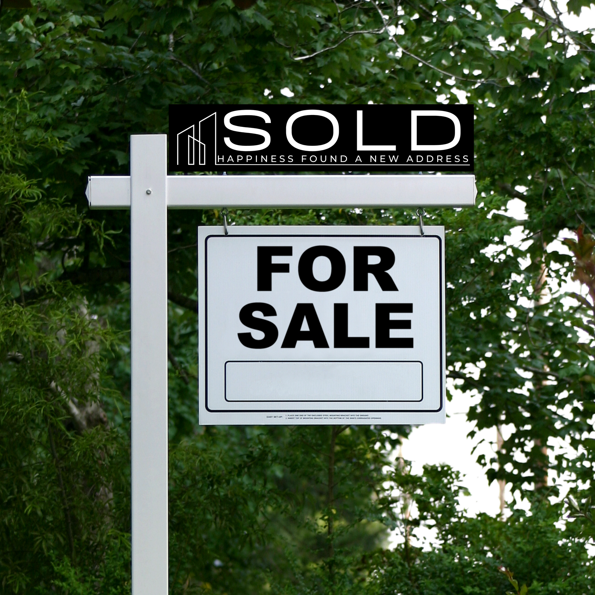 A real estate sign rider bundle including a 'FOR SALE' sign and a 'SOLD' sign with a slogan, mounted on a post with trees in the background.