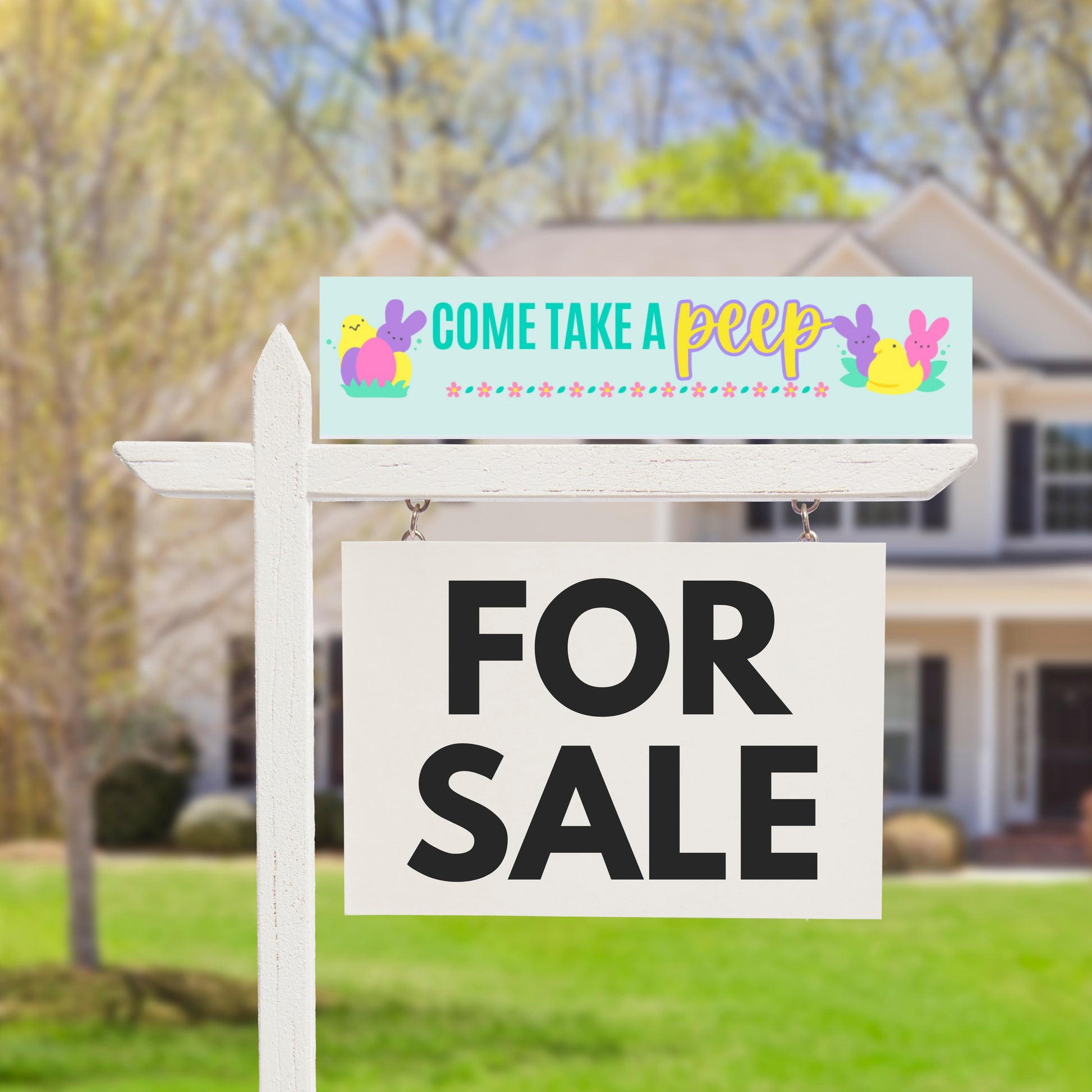 all things real estate yellow pink blue sign 