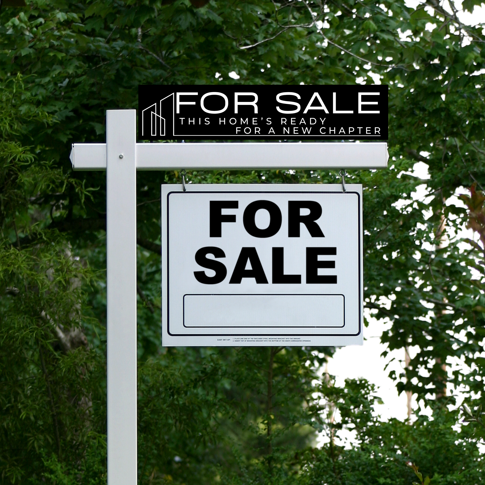 A 'FOR SALE' real estate sign with a 'COMING SOON' sign mounted on top against a backdrop of trees.