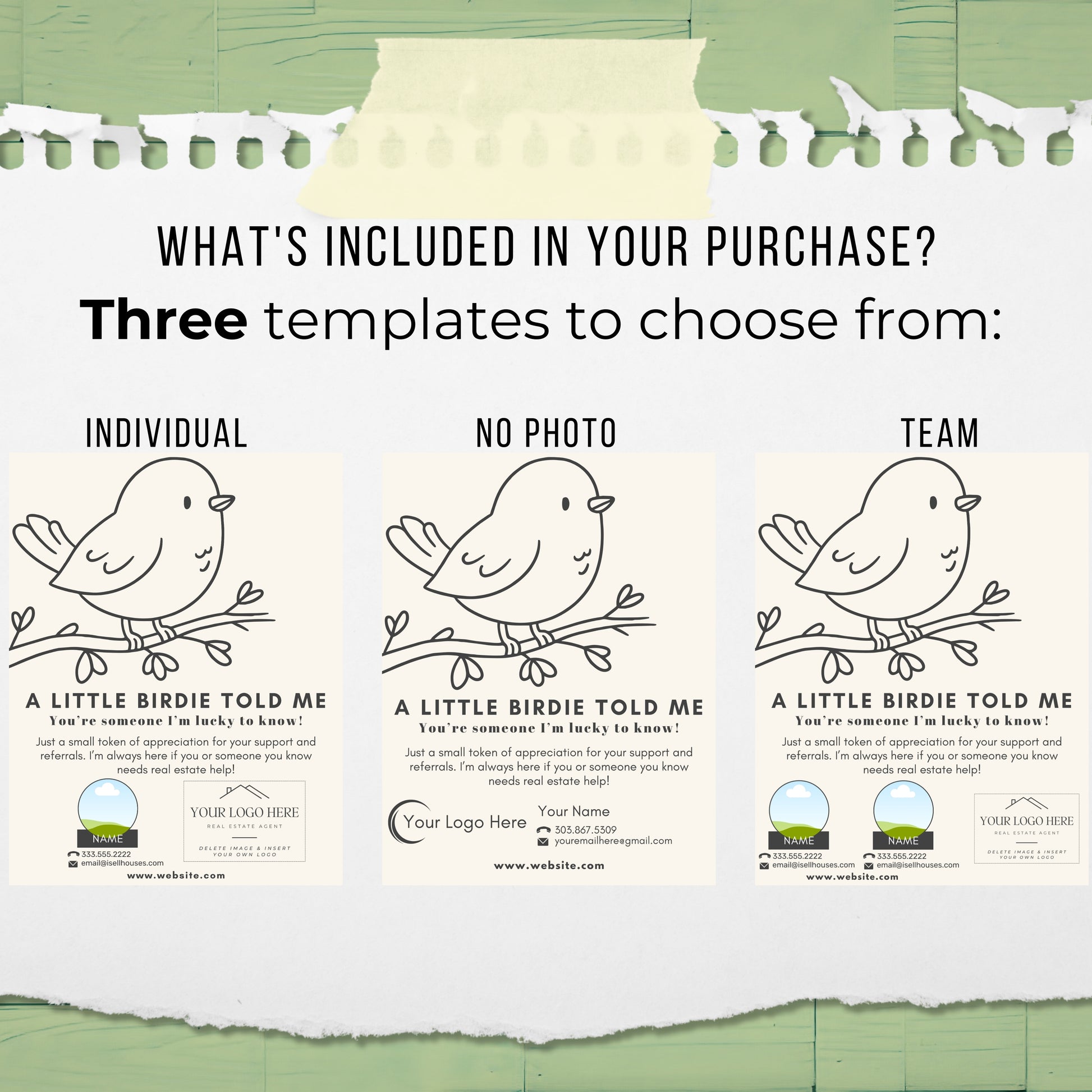 Three templates with birds on branches, labeled 'Individual', 'No Photo', and 'Team', on a background.