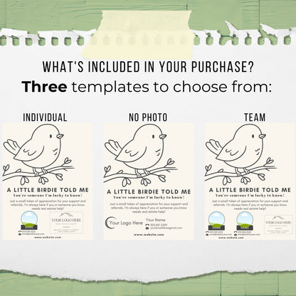 Three templates with birds on branches, labeled 'Individual', 'No Photo', and 'Team', on a background.