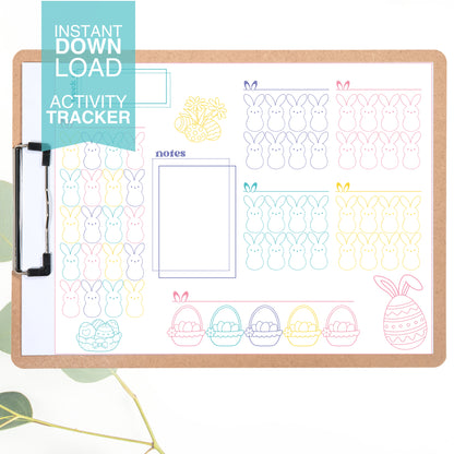 Clipboard with Easter-themed peep activity tracker on a white background