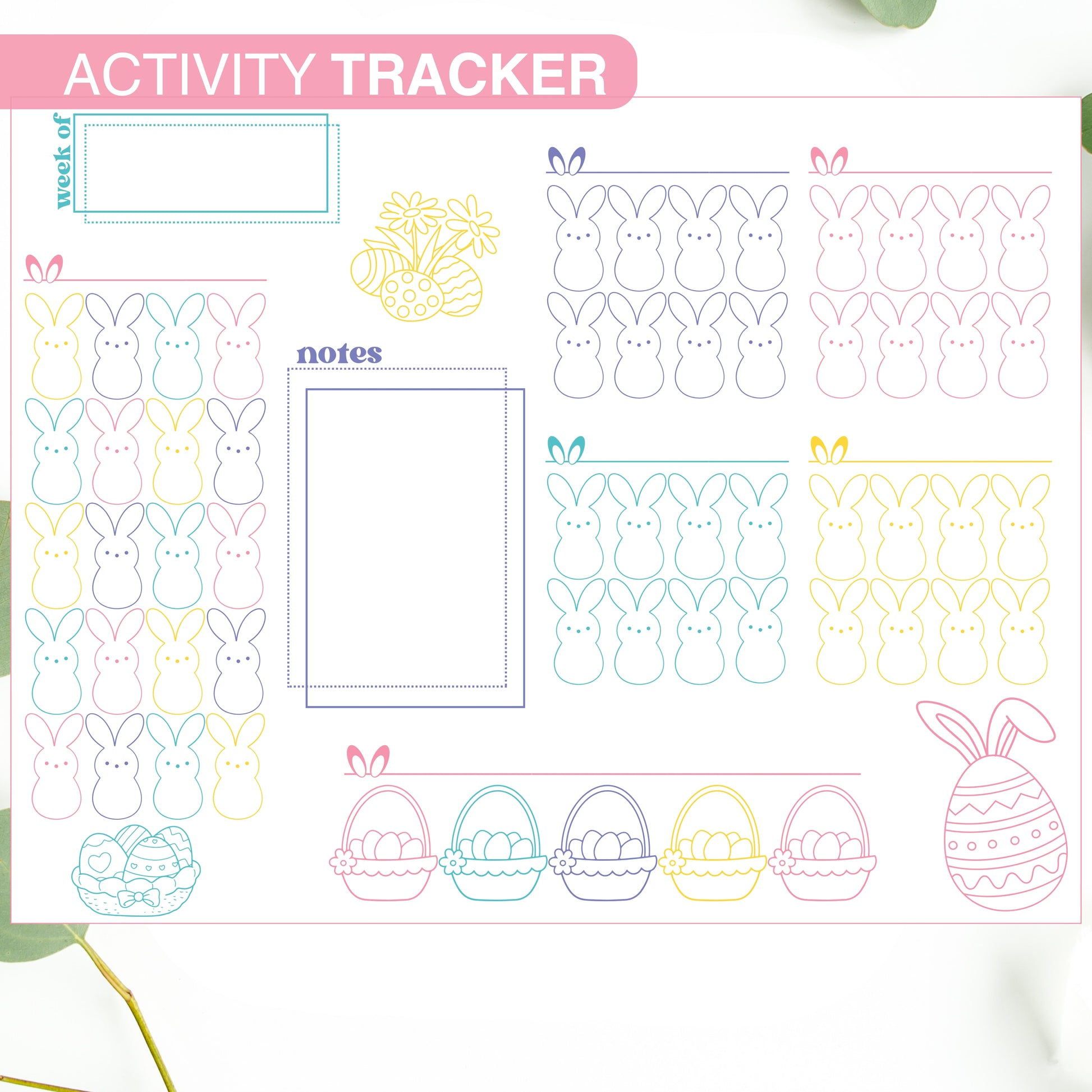 Easter-themed peep activity tracker with colorful bunny and egg designs on a white background.