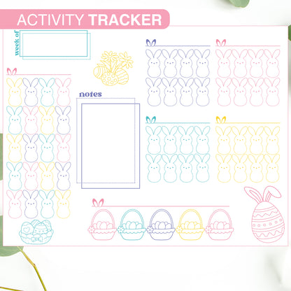 Easter-themed peep activity tracker with colorful bunny and egg designs on a white background.
